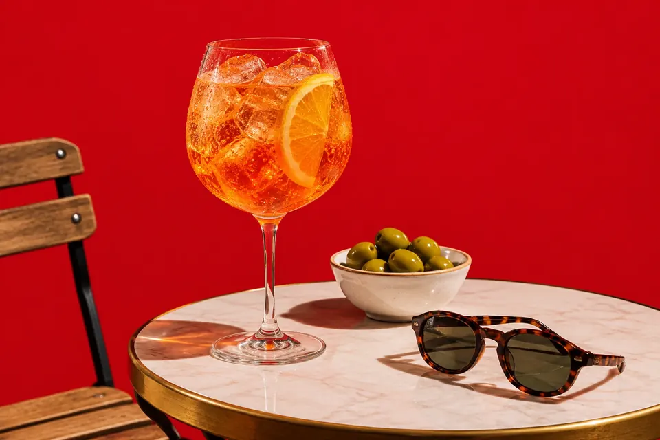 Ein großes Weinglas mit orangefarbenem Spritz, Eiswürfeln und Orangenscheibe auf einem Bistrotisch, daneben Oliven und eine Sonnenbrille