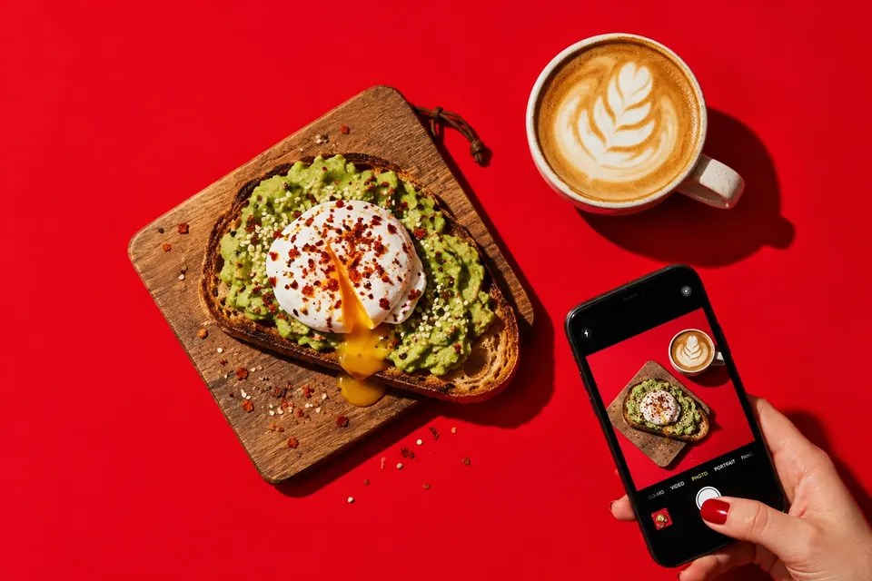 Eine Scheibe geröstetes Sauerteigbrot mit zerdrückter Avocado und pochiertem Ei, daneben ein Cappuccino und ein Smartphone