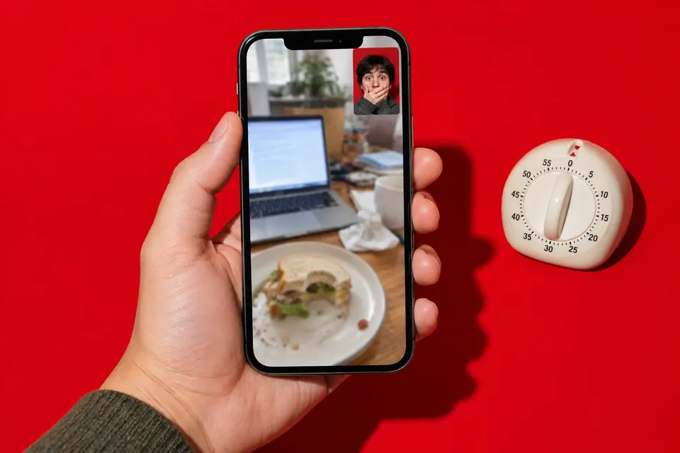 Ein Smartphone zeigt ein Doppelfoto aus chaotischem Schreibtisch und kleinem, überraschtem Selfie in der Ecke, daneben eine Küchenuhr