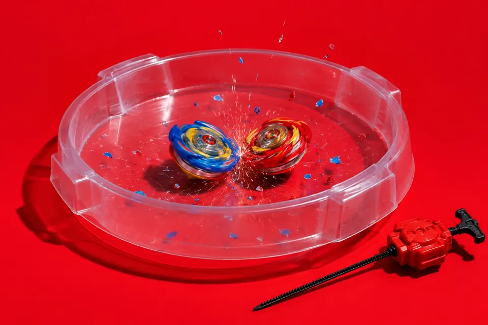 Zwei bunte Kampfkreisel prallen in einer runden Plastikarena aufeinander, daneben liegt ein Starter mit Reißleine