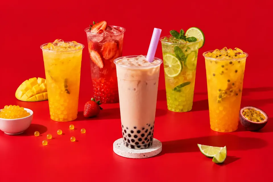 Durchsichtiger Becher mit Milchtee, dunklen Tapiokaperlen und dickem Strohhalm auf einer Theke