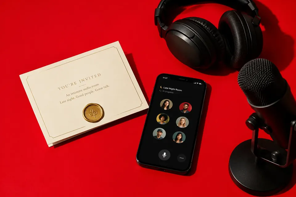 Eine edle Einladungskarte mit Wachssiegel neben einem Smartphone, einem Mikrofon und Kopfhörern