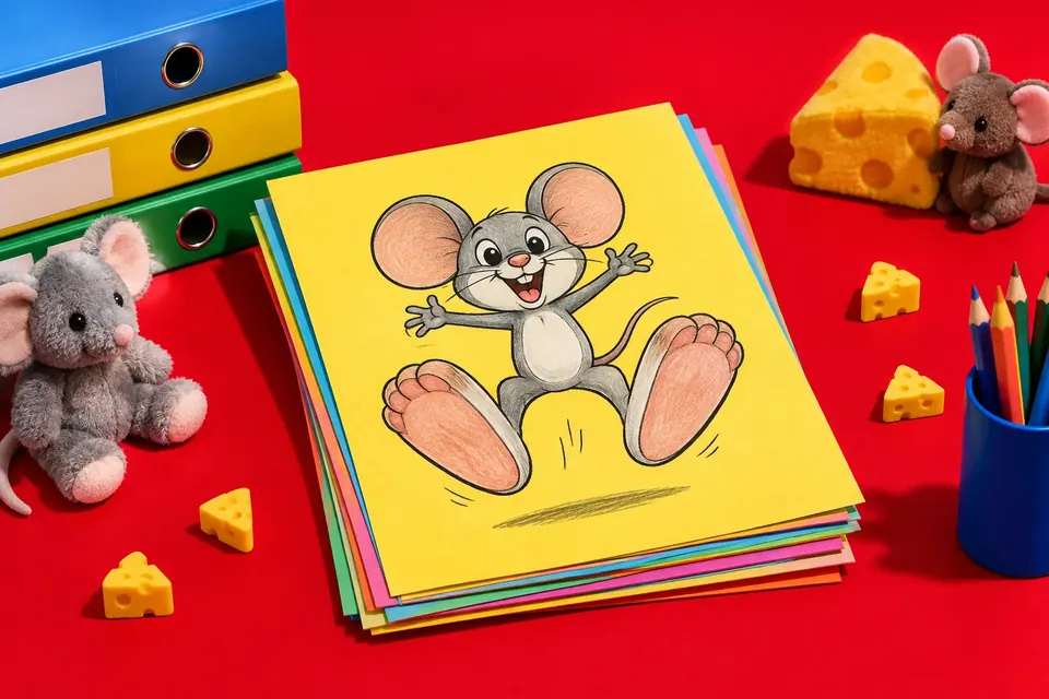 Bunte Briefpapier-Blätter mit einer Comic-Maus mit großen Füßen, dazu Ordner und Plüschtiere auf einem Kinderschreibtisch