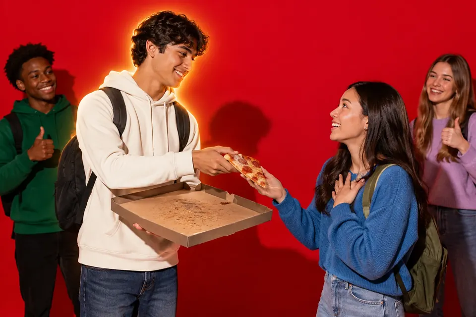 Jugendlicher schenkt einem Freund das letzte Stück Pizza, der sich dankbar ans Herz fasst