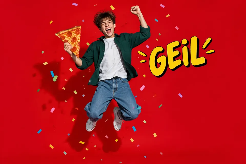 Jugendlicher springt jubelnd mit einem riesigen Stück Pizza in die Luft, umgeben von Konfetti