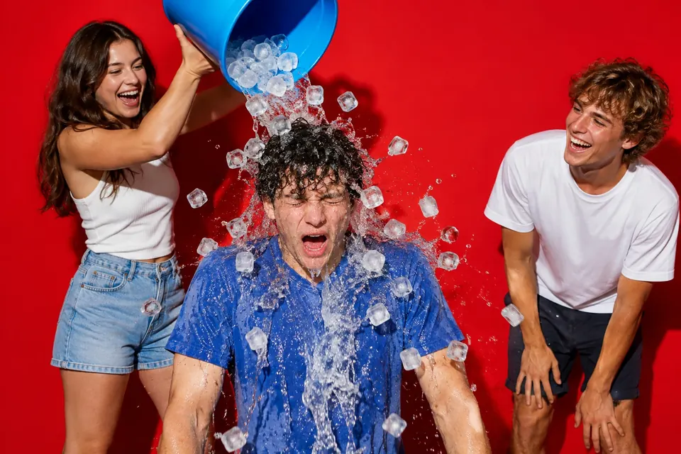 Eine Person wird im sonnigen Garten mit einem Eimer Eiswasser übergossen, Eiswürfel fliegen durch die Luft
