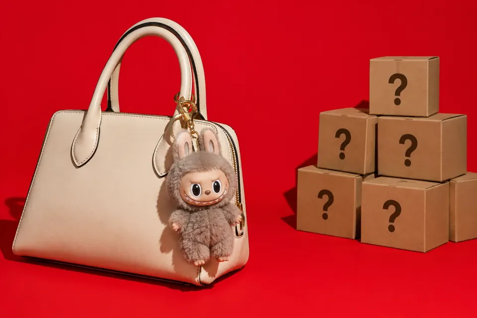 Ein kleines plüschiges Monster mit spitzen Ohren und breitem Zahngrinsen hängt als Anhänger an einer Handtasche, daneben ungeöffnete Überraschungsboxen