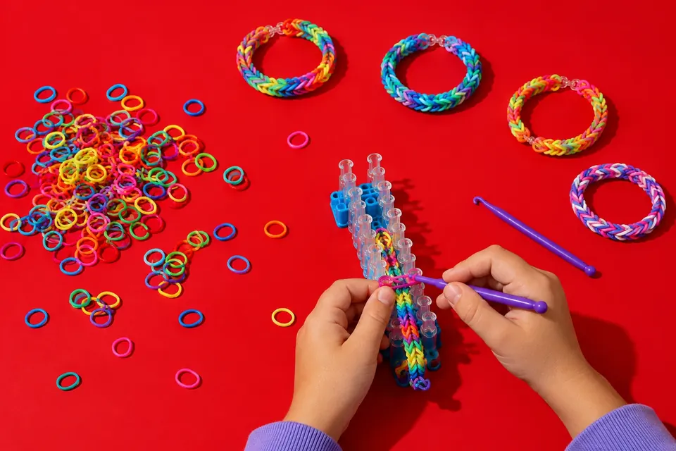 Bunte Mini-Gummibänder, ein Plastik-Webrahmen und fertige Armbänder auf einem Küchentisch