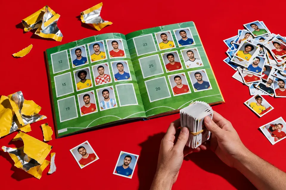Aufgeschlagenes Fußball-Stickeralbum mit leeren und gefüllten Feldern, daneben aufgerissene Tüten und ein Stapel doppelter Sticker