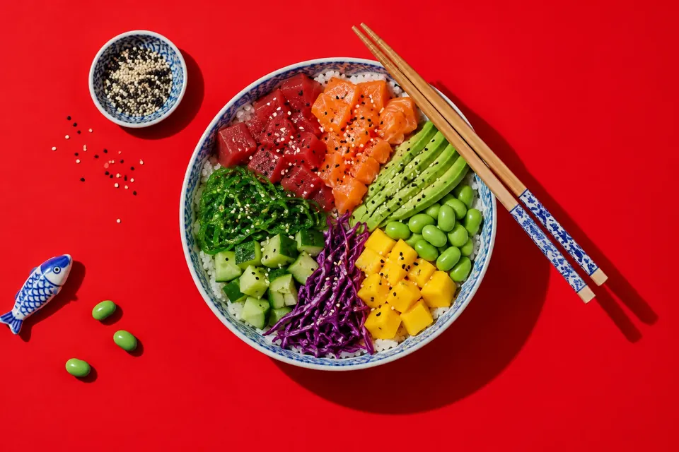 Eine bunte Schüssel von oben mit Reis, rohem Thunfisch, Lachs, Avocado, Edamame, Mango und Sesam