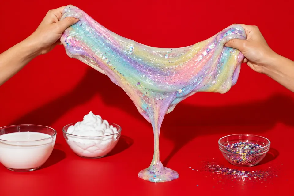 Zwei Hände ziehen einen glänzenden, pastellfarbenen Glitzerschleim auseinander, daneben Schüsseln mit Kleber und Rasierschaum