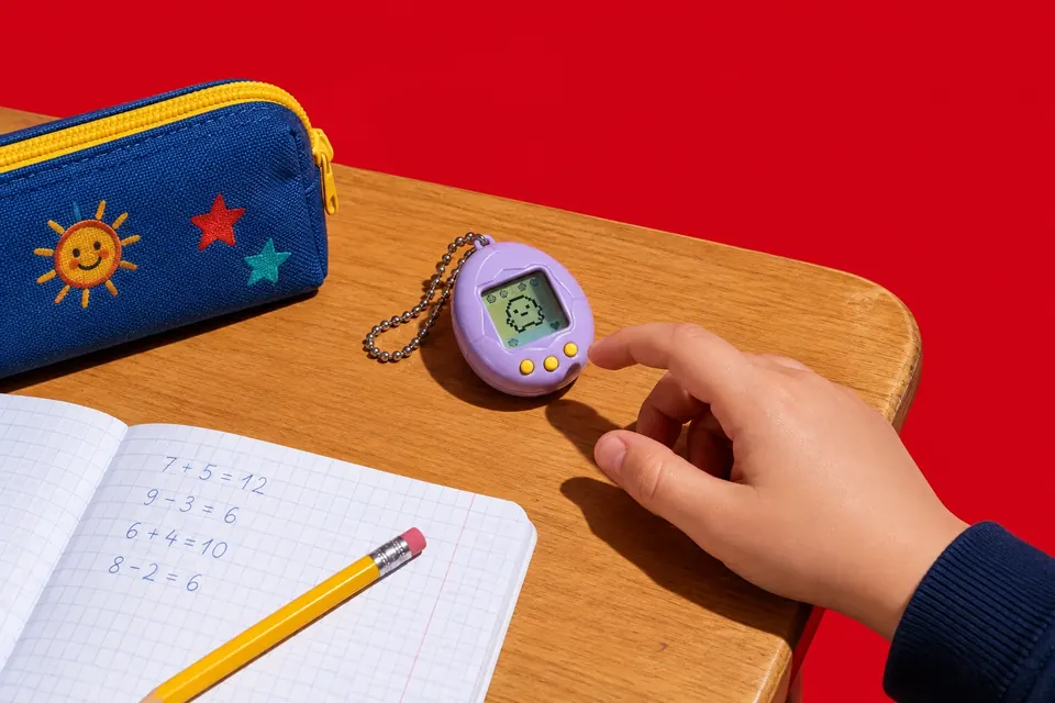 Eiförmiges Digital-Haustier mit Pixel-Bildschirm liegt auf einem Schultisch neben Federmäppchen und Heft