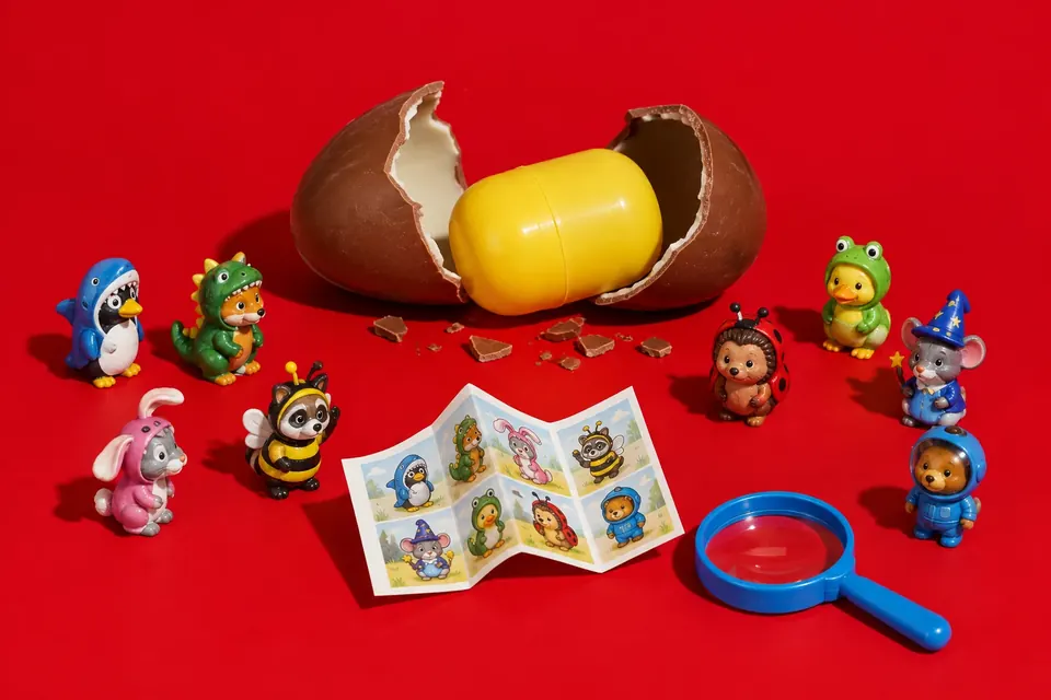 Ein aufgebrochenes Schokoladenei mit gelber Kapsel, umgeben von kleinen bemalten Tierfiguren, Beipackzettel und einer Lupe